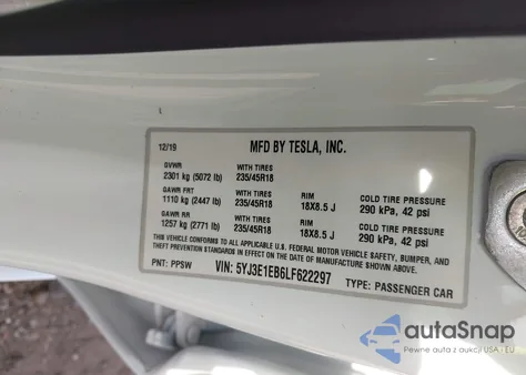 2020 Tesla Model 3 Long Range Dual Motor All-Wheel Drive z USA, uszkodzony, nr VIN 5YJ3E1EB6LF622297